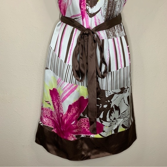 Size 4 Silk Multicolored Floral Oc By Oc Belted Dress Sleeveless Satin Pullover - Picture 5 of 11